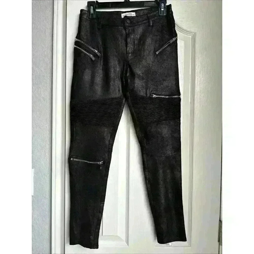 NWT Zara Premier Denim Black Zippered Moto Leather Look With Zippers Size XS